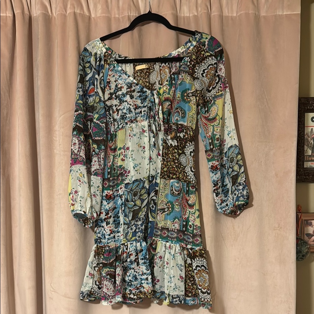 Elan Blue and Green Babydoll Mini Dress with 3/4 Bishop Sleeves